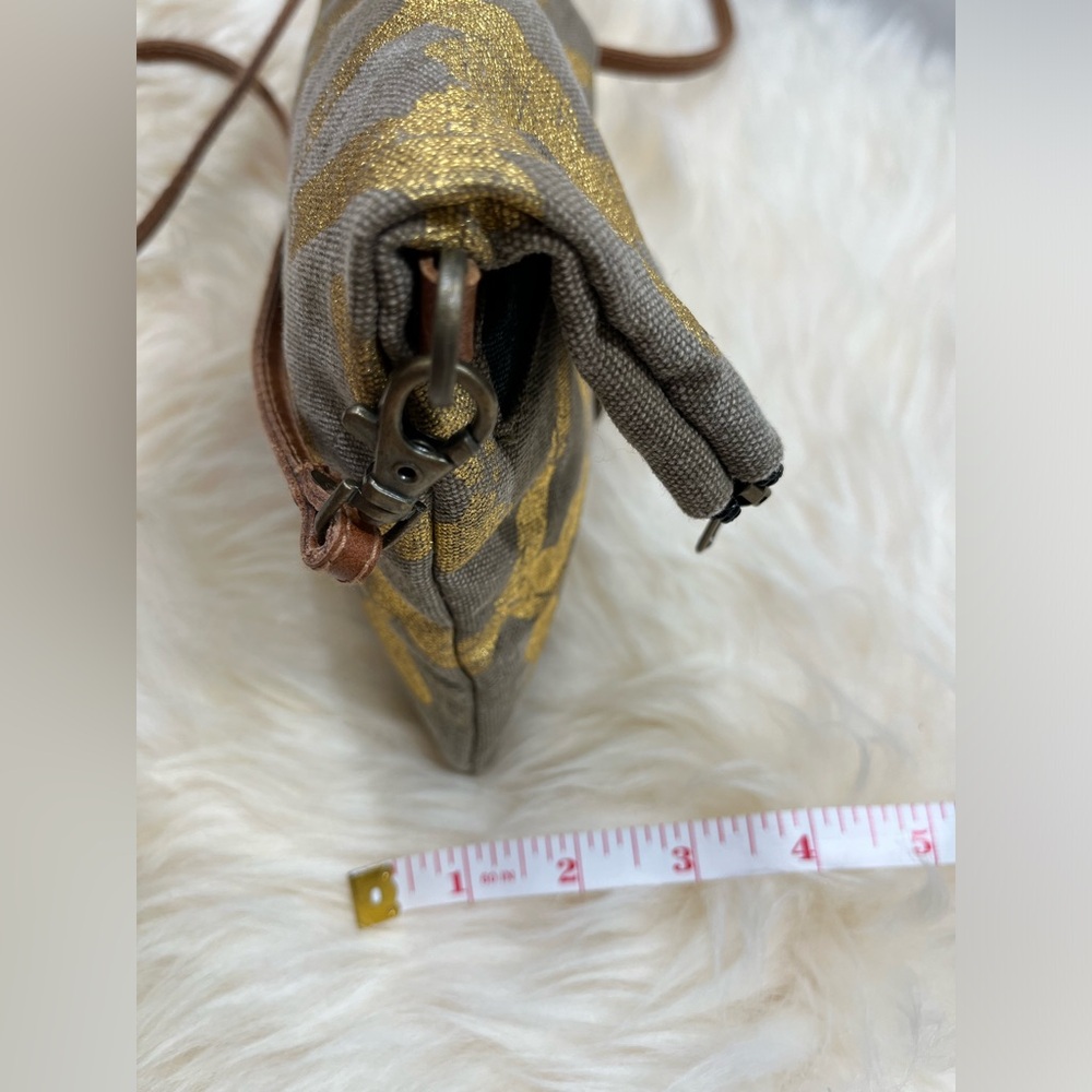 Mona B. Up cycled Coated Canvas Crossbody w Vegan Leather Metallic Gold Design - Picture 15 of 17